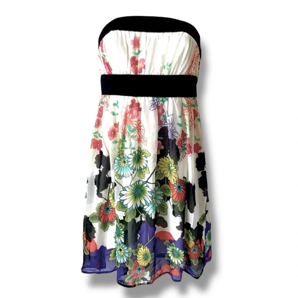 Vintage FOREVER 21 Floral Strapless Mini Dress Y2K Empire Waist Multicolor Small